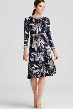 Tory Burch navy blue multi-print 100% silk belted A-line dress size S